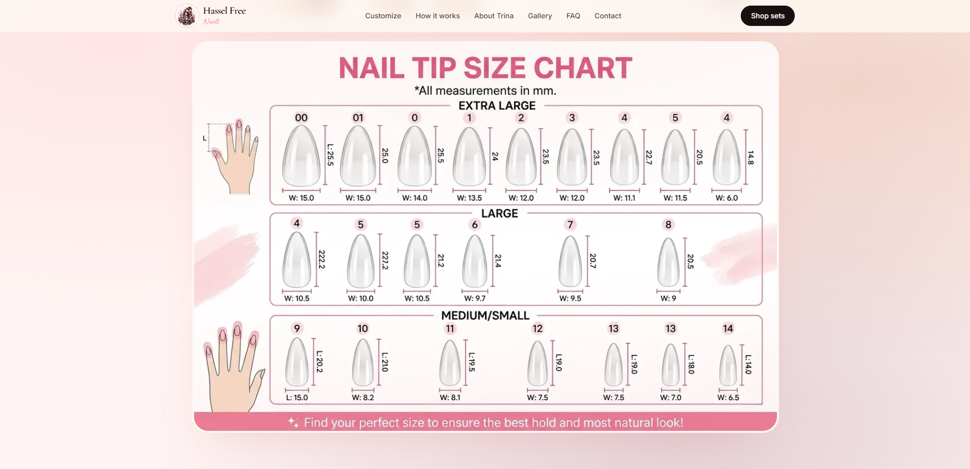 Hassel Free Nails nail tip size chart — measurements in millimeters across Extra Large, Large, and Medium/Small tip sets.