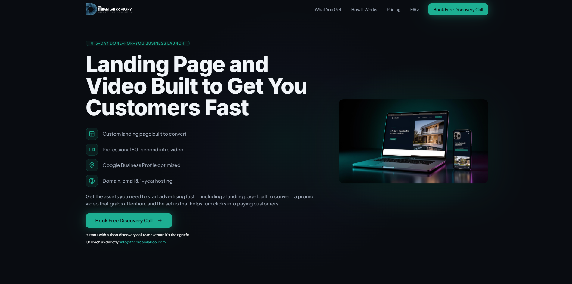 Business Starter landing page — dark editorial design with laptop and phone mockup showing a premium landing page built to convert.