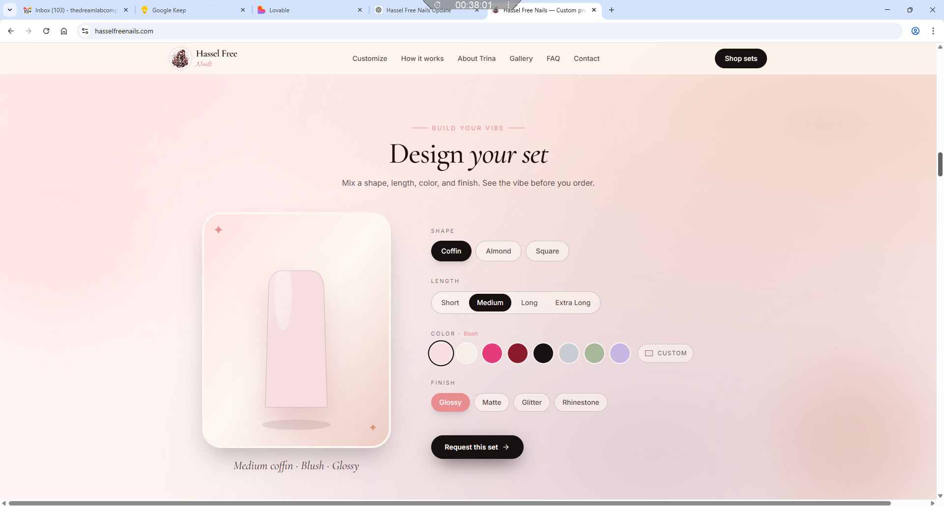 Hassel Free Nails — interactive Design Your Set customizer with shape, length, color, and finish controls and a live preview of the selected nail.