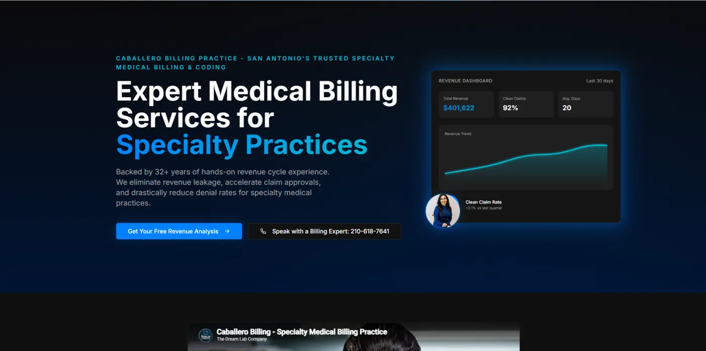 Caballero Billing Practice landing page — dark editorial design with a revenue dashboard visual and a clear consultation CTA.