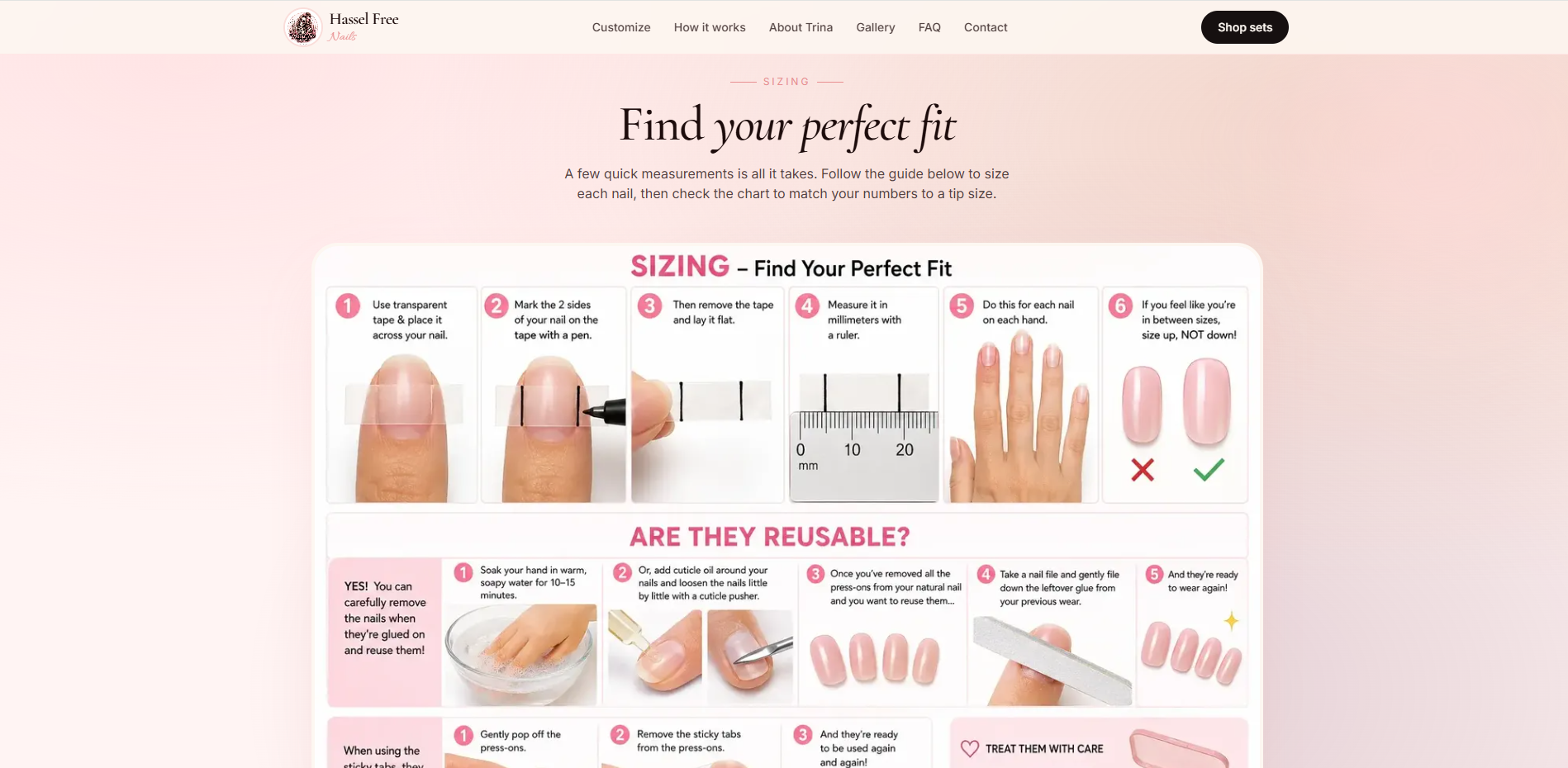 Hassel Free Nails sizing guide — step-by-step self-measurement walkthrough using tape and a ruler.