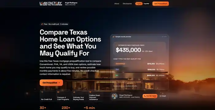 Mortgage prequalification homepage — cinematic dark hero with sample loan results, bilingual toggle, and a prominent Get Prequalified call to action.