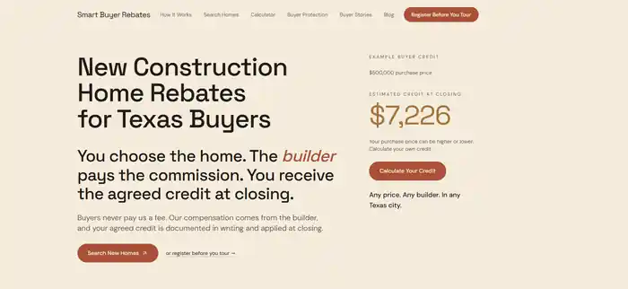 Smart Buyer Rebates landing page hero — New Construction Home Rebates for Texas Buyers with an example buyer credit panel.
