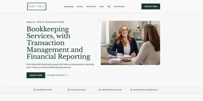 Verily Truly Bookkeeping landing page — editorial bookkeeping site with a clean serif headline and a client consultation photo.
